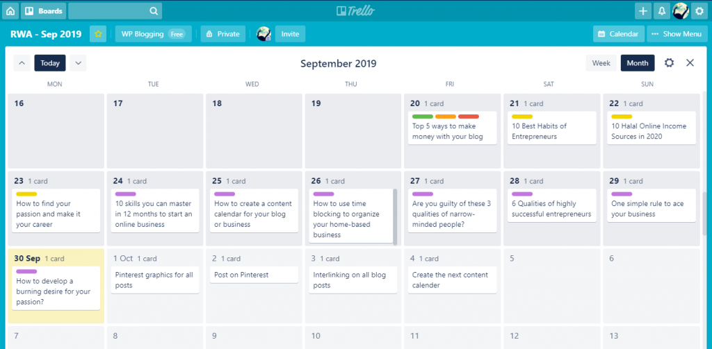 trello content calendar for blog and business